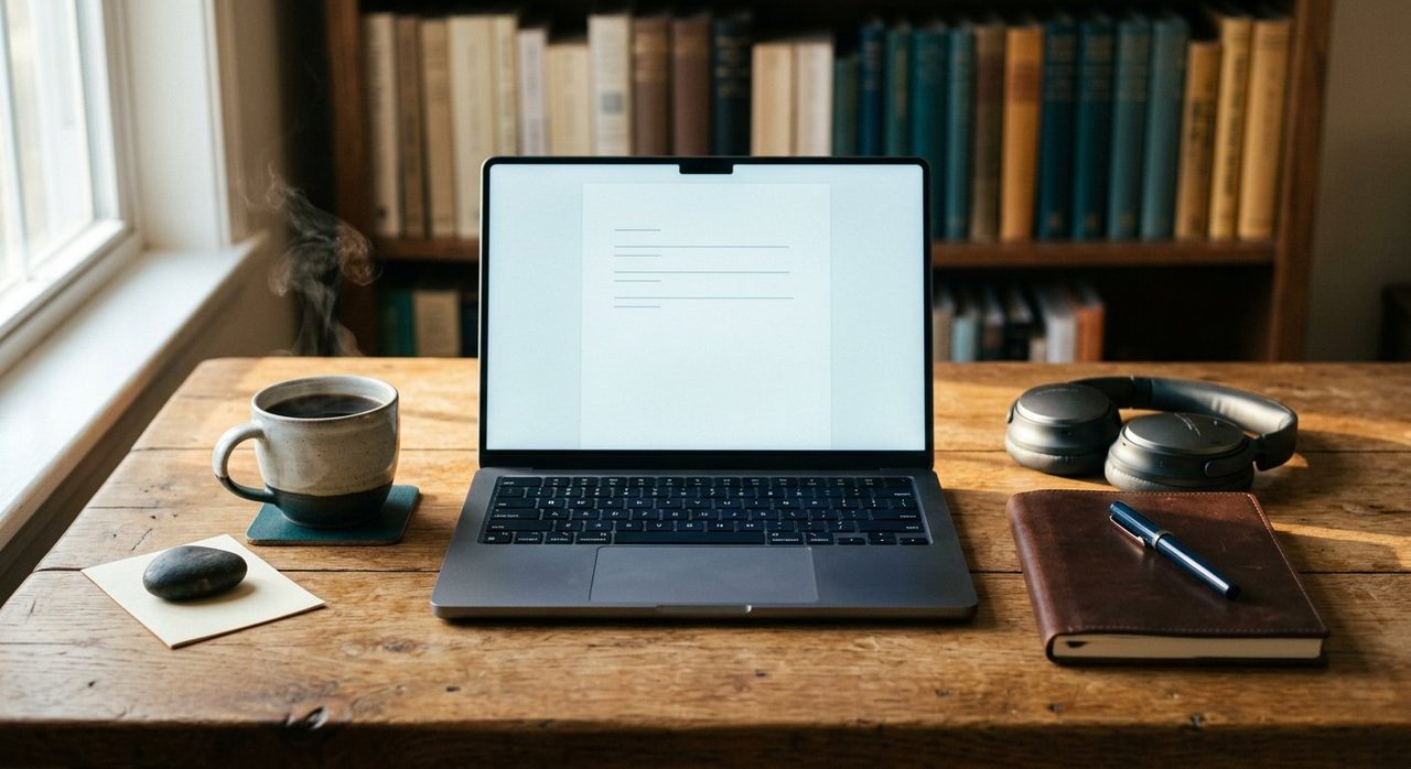A focused workspace with notebook, headphones and coffee