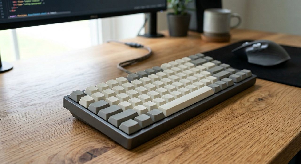 Modern mechanical keyboard on a wooden desk