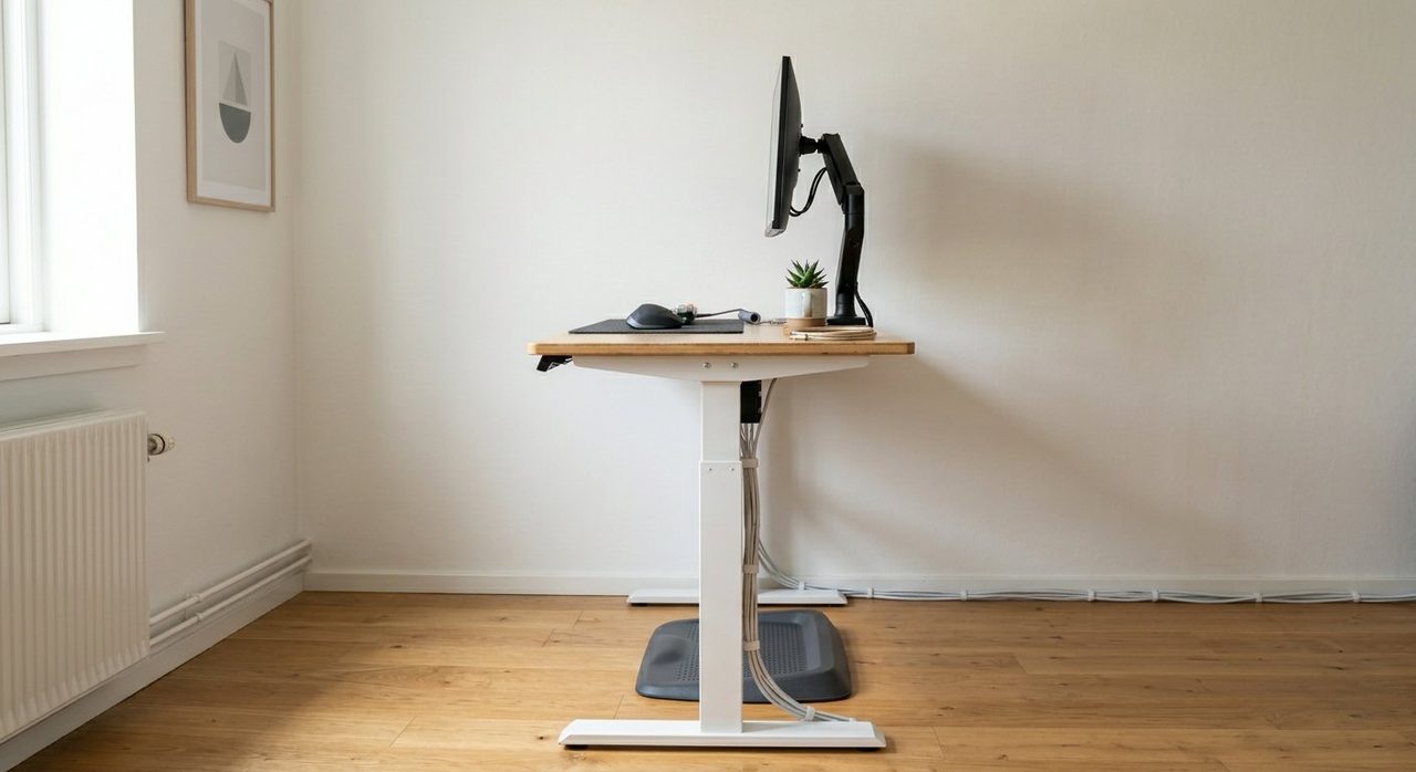Adjustable standing desk with monitor and keyboard